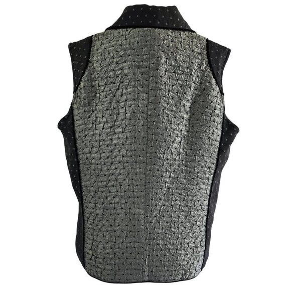 Coldwater Creek Black Gray Diamond Dot Crinkle Velvet Trim Vest Whimsical - Picture 2 of 8